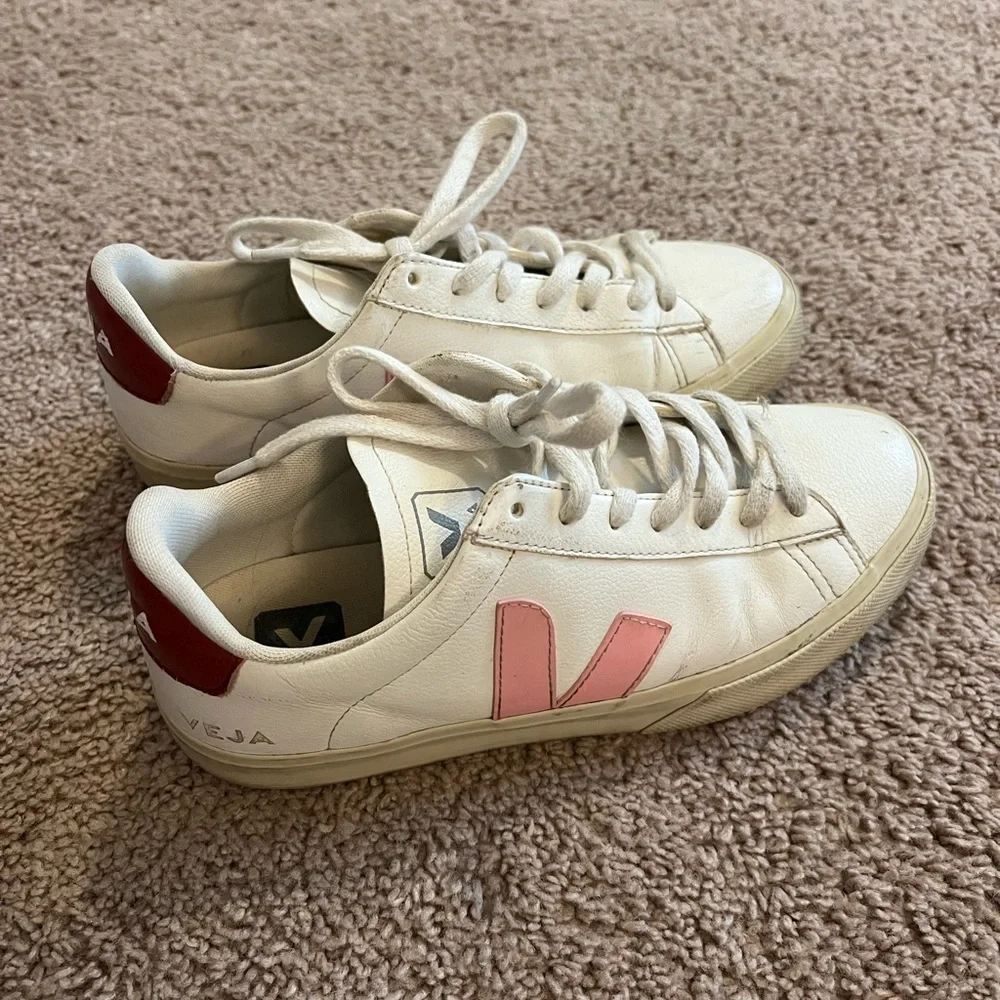 Veja White Sneakers with Pink V and Burgundy Heel Tab - Picture 3 of 7